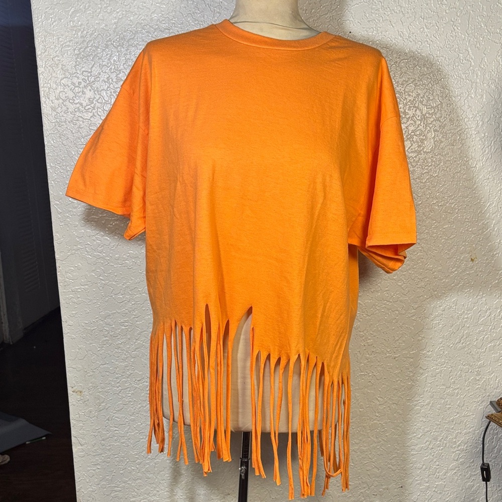 Gildan Bright Orange Short Sleeve Fringe Hem Tee